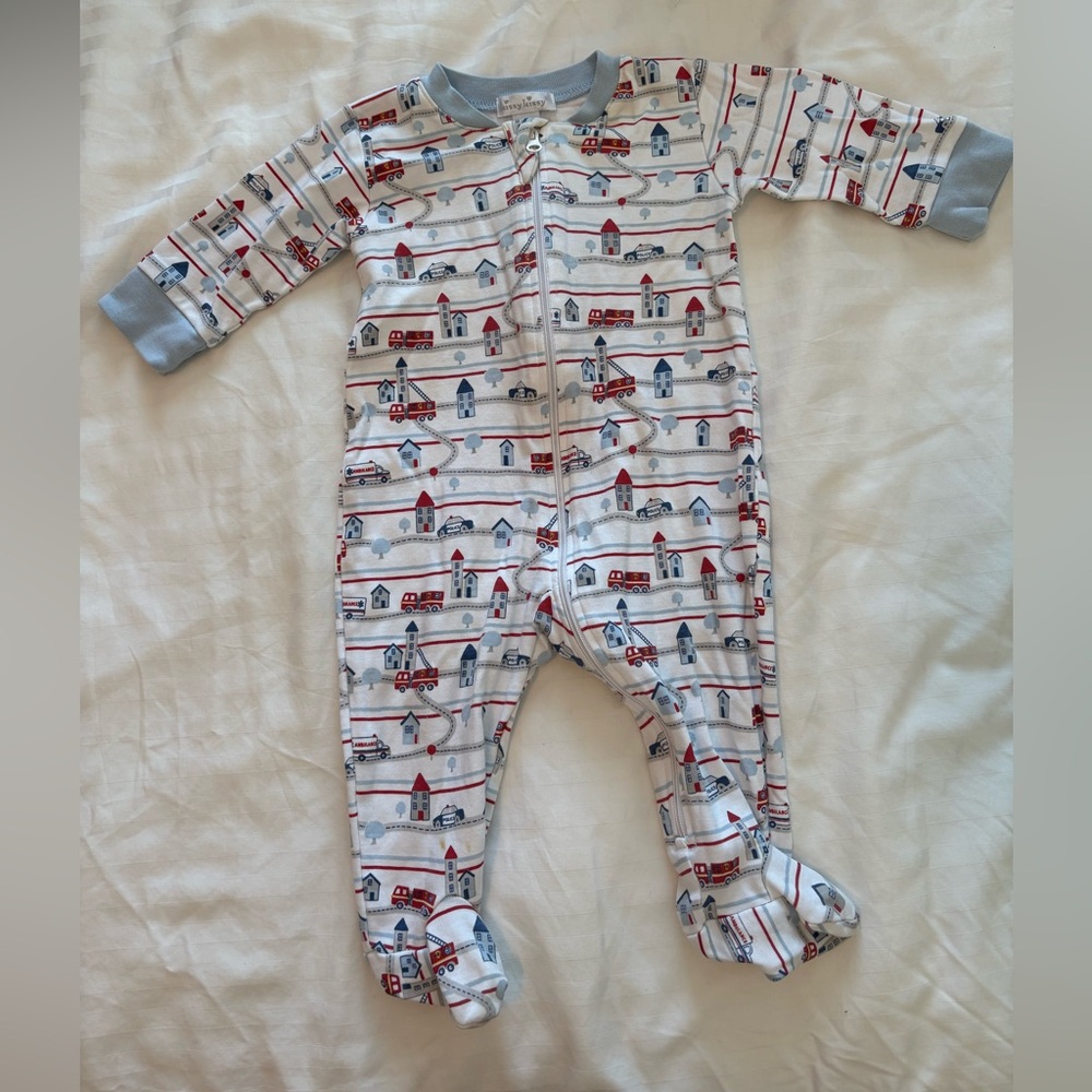 Kissy Kissy Blue and Red Firetruck Print Footie